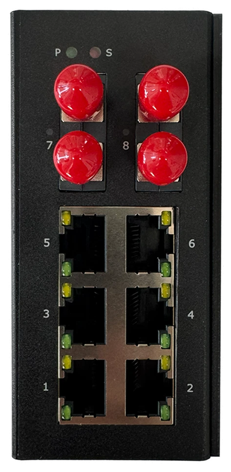 AMS-5206 industrial Ethernet switch front panel view with ports and indicators